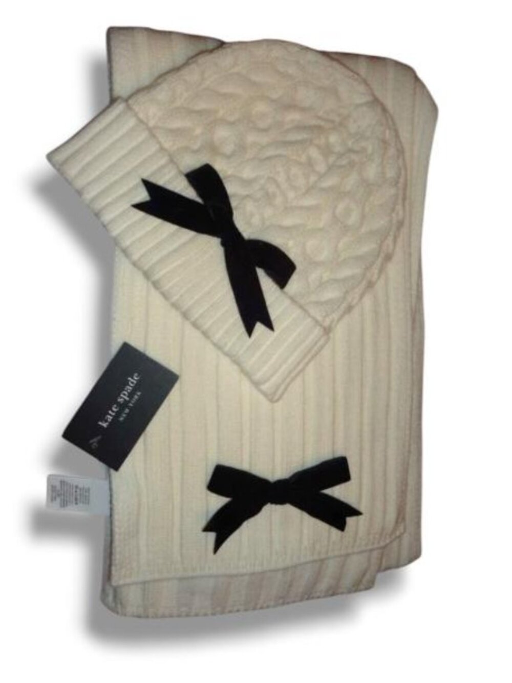 NWT - Scarf, Hat Set Velvet Cable Bow Cream One Size